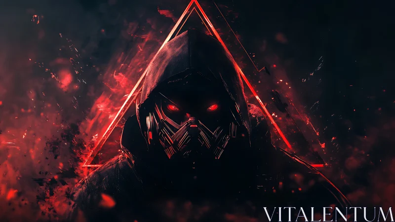 Hooded cyber phantom glowing in crimson neon shadows.