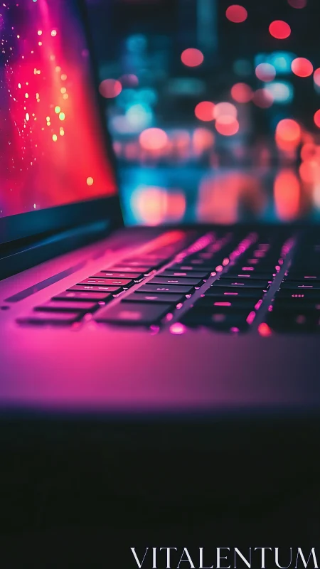 Laptop keyboard in neon bokeh light with cyberpunk glow.