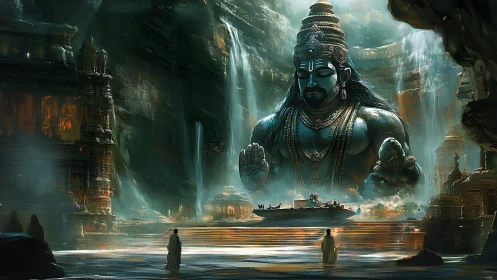 Colossal river deity watches over mystic waterfall temple.