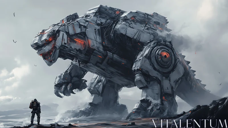 Colossal quadruped mech kaiju confronts lone armored human scout