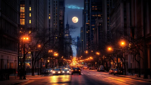 Full moon aligned over illuminated winter urban avenue at dusk