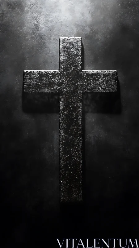Weathered black cross carved from shadow and silvered light.