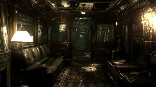 Midnight mystery in a vintage train lounge corridor.
