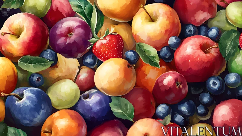 Vibrant painted fruit medley bursts with juicy summer color