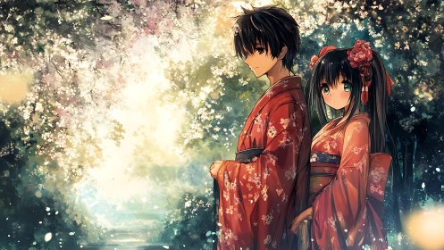 Young couple in kimono share a quiet moment under blossoms