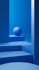Quiet blue sphere wandering a minimalist stairwell dreamscape.