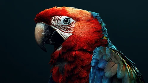 Vivid Scarlet Macaw Portrait in Dramatic Photorealistic Style.