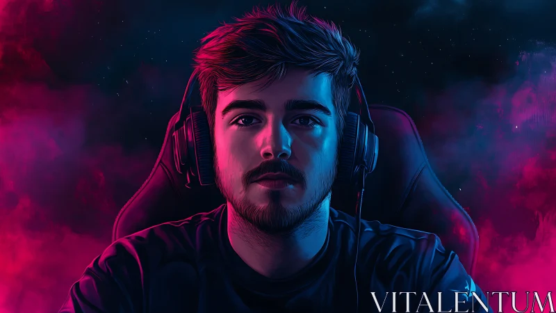Digital portrait of male gamer wearing headset in chair.