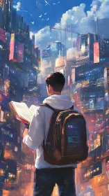 Student coder reading in tall neon digital cityscape.