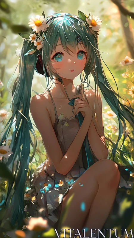 Forest daydream girl crowned in daisies and sunlit petals.