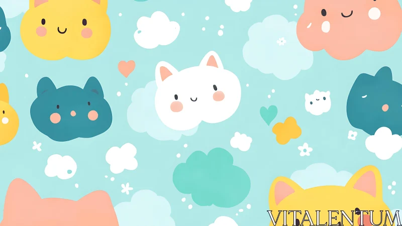 Joyful Kawaii Cloud Creatures Playing in a Sky.