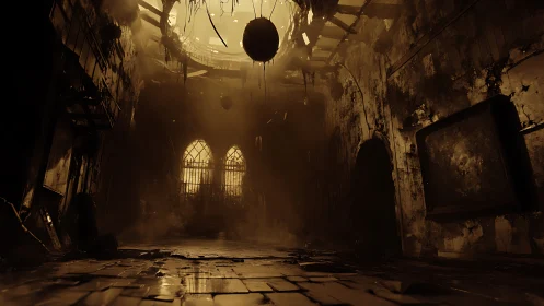 Ruined cathedral interior shows decayed walls and hanging sphere