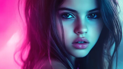 Neon-lit close-up portrait in vivid cyan and magenta glow.