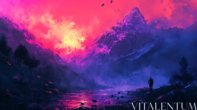 Lone wanderer under neon pink mountains at cosmic dusk.