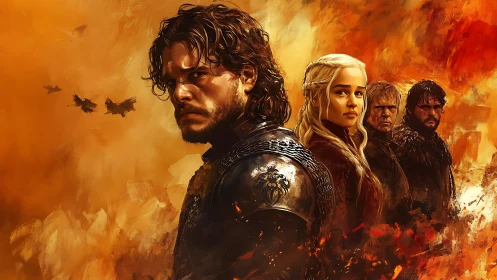 Fierce fantasy heroes stand strong amid blazing skies.