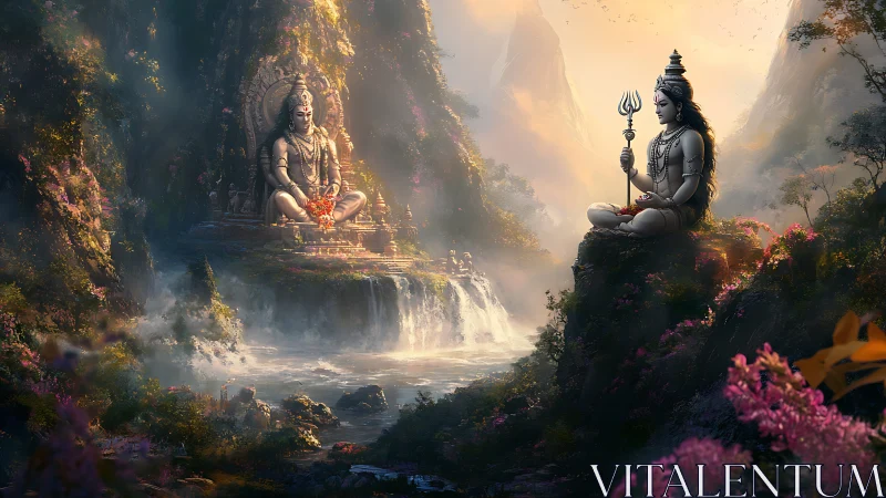 Mystic river valley with twin Shiva visions in golden dawn.