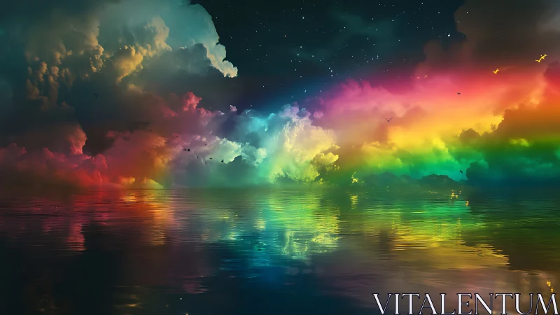 Rainbow stormdreams drifting over a mirrorwater horizon.