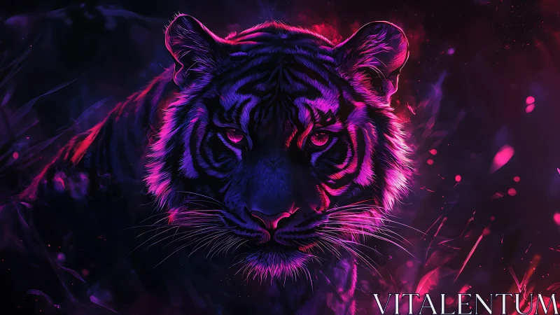 Neon lit tiger portrait in glowing magenta jungle haze.