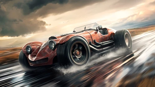 Storm-chasing retro roadster skims across a wet frontier.