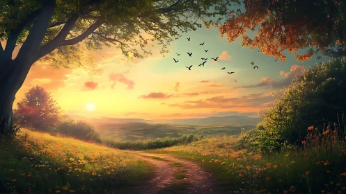 Serene countryside path at sunset with vibrant wildflowers and birds.