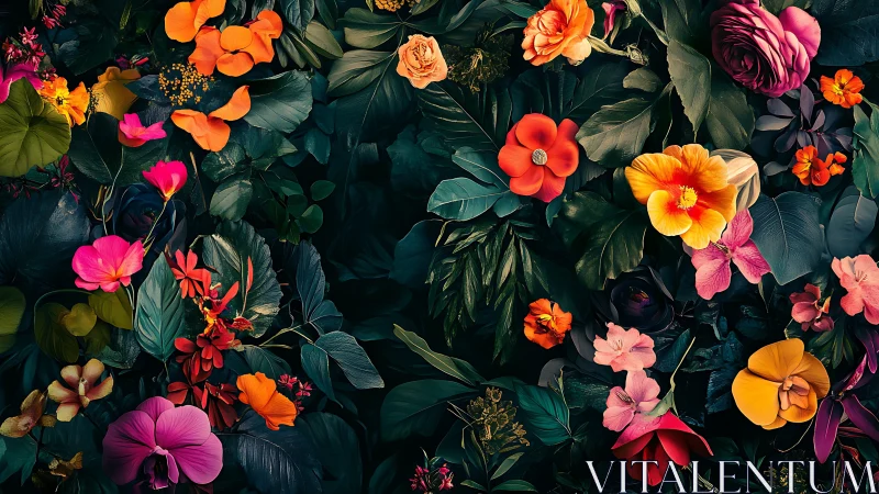 Dense Tropical Floral Composition with Warm Tonal Palette and Dark Foliage.