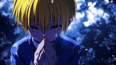 Quiet resolve beneath stormy blue shadows in anime still.