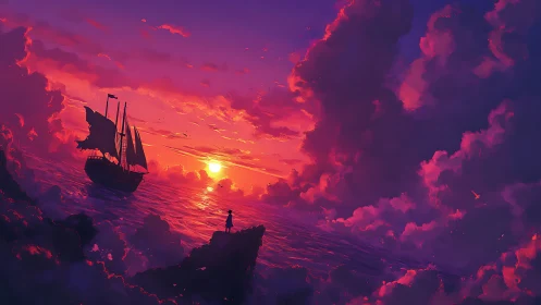 Tall ship at vivid sunset with lone figure on cliff.