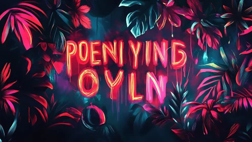Neon jungle letters dripping over lush electric foliage.