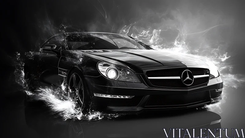 Photorealistic Mercedes coupe with dynamic smoke effects.