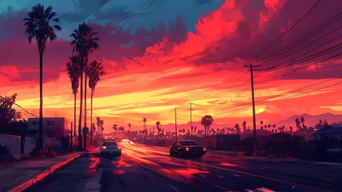 Sunset drive under glowing palm trees and painted skies.