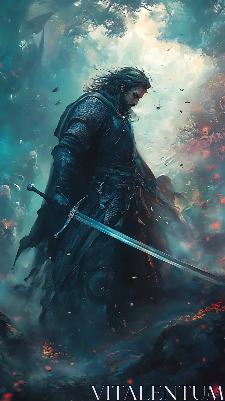 Stormlit warrior pauses with gleaming sword in a haunted forest