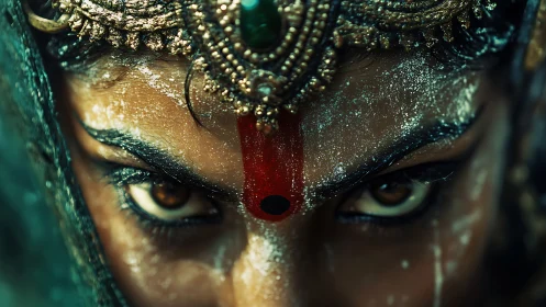 Ritual gaze macro portrait with pigment, metalwork and intensity.