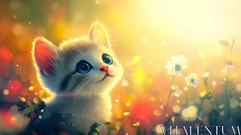 Ethereal White Kitten in Golden Floral Garden.
