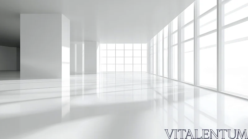 White interior space shows large windows and reflective floor
