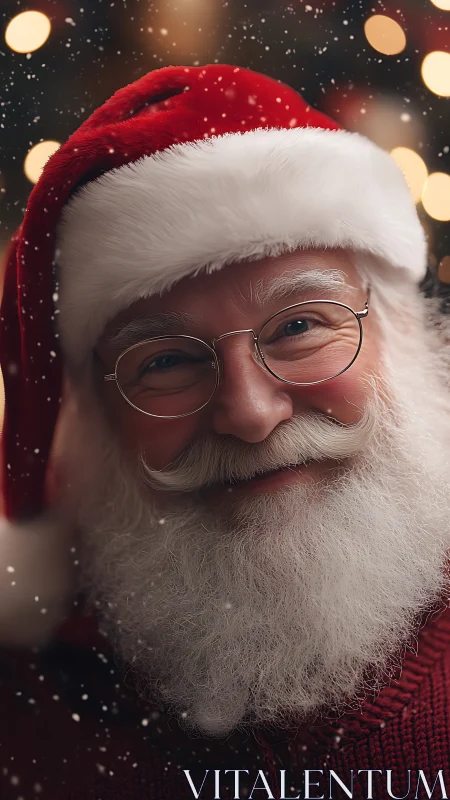 Cozy close-up of jolly Santa in softly glowing snowfall.