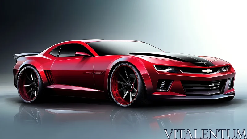 Red Chevrolet sports car rendering with bold black stripes.