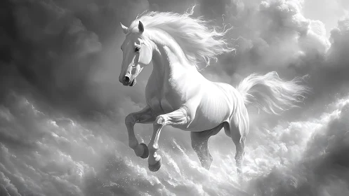 Luminescent white stallion gallops through sculpted storm clouds.