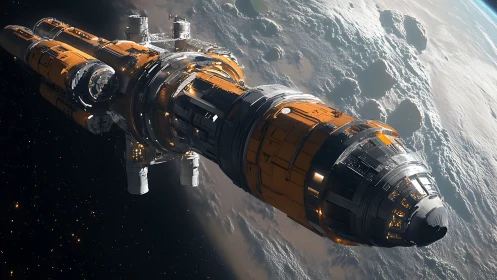 3D industrial starship in orbital transit above cratered world.