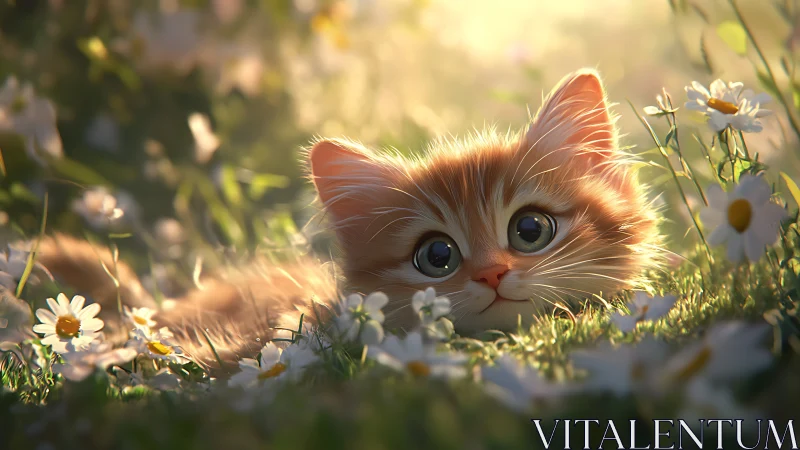 Red tabby kitten surrounded by white daisies in golden sunlight.
