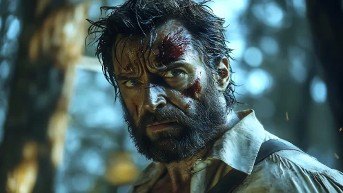 Battle-scarred warrior stares through forest embers, unbroken.