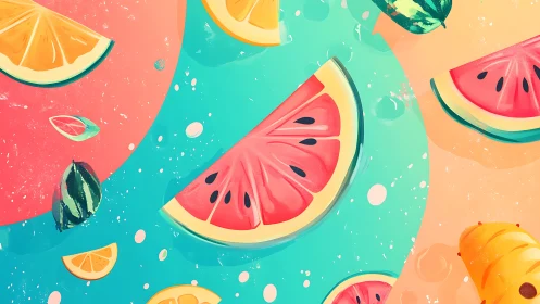 Juicy summer fruit slices float in playful pastel color waves