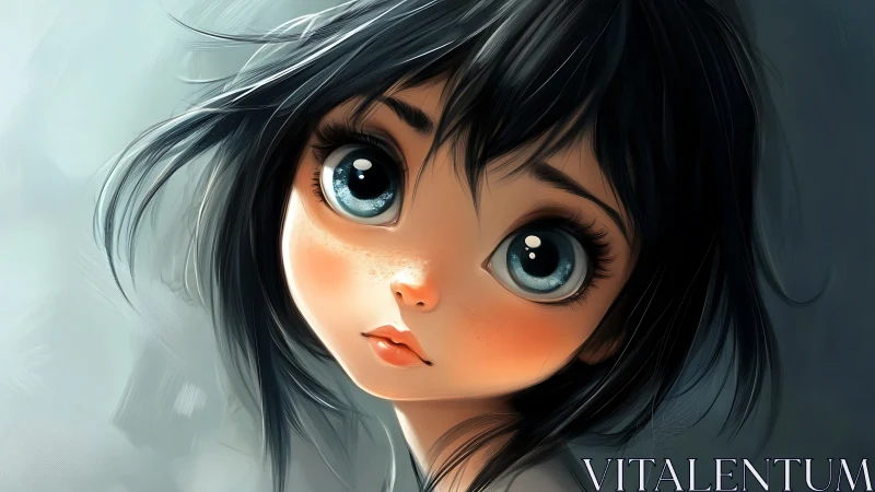 Soft-eyed girl gazes gently forward with windswept dark hair