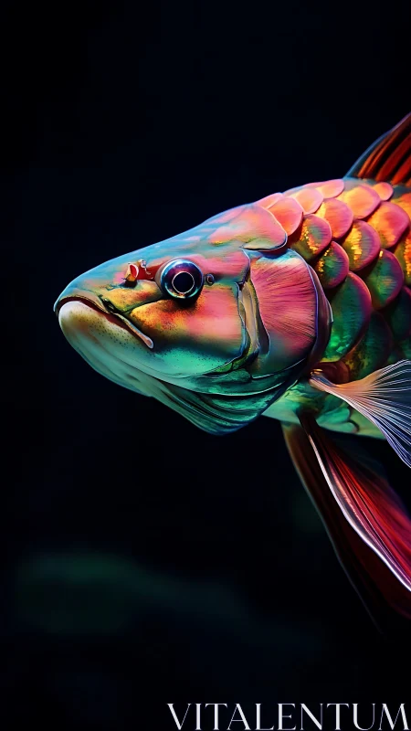 Iridescent 3D fish model glows against deep black background