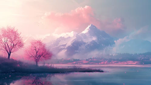 Pink-toned lake landscape with distant snow-covered mountains.