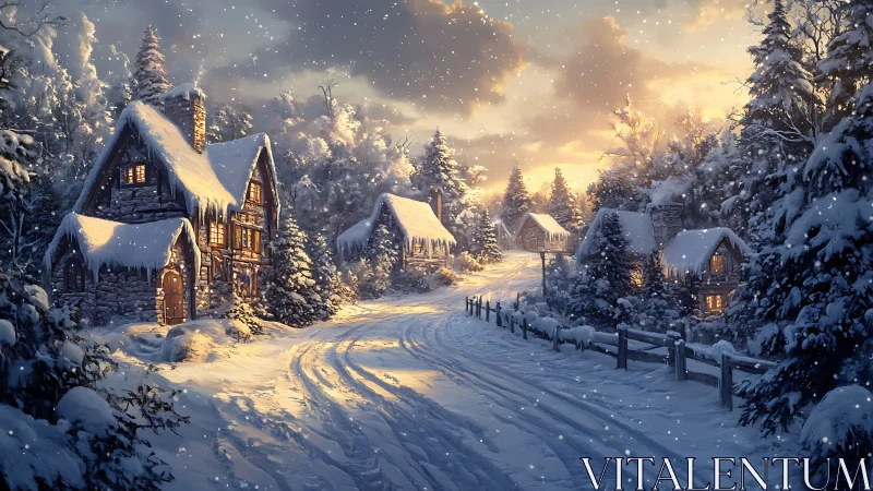 Snow covered village road curves between lit stone cottages