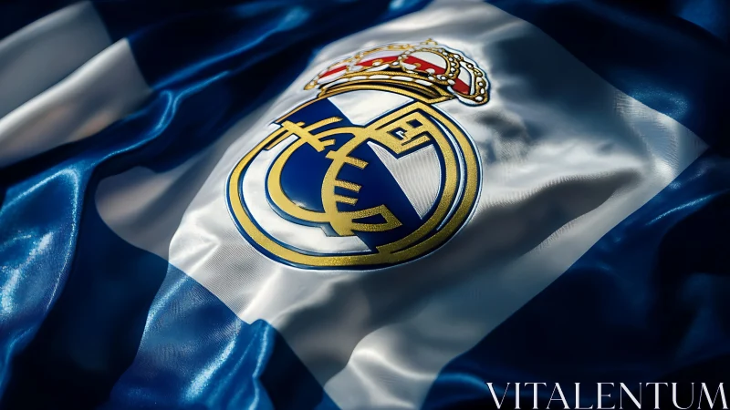 Club crest on satin flag with dramatic directional lighting.