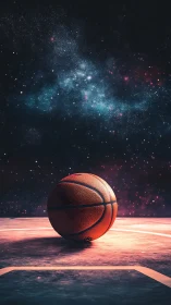 Basketball rests under cosmic night sky on glowing court.