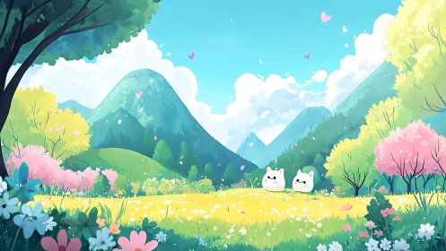 Cute white creatures in bright spring mountain meadow scene.