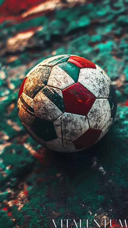 Weathered tricolour football with textured grime under shallow depth