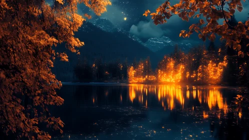 Fiery autumn forest glowing over tranquil mountain lake.